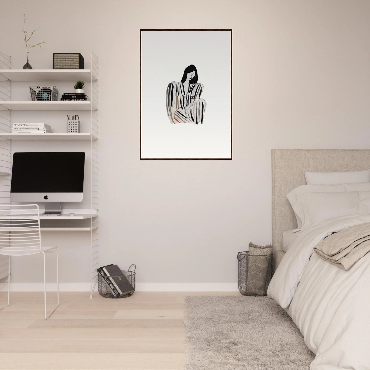 Minimalist bedroom with a canvas print of Striped Whispers Formals as the focal point