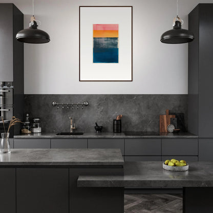 Modern kitchen with dark cabinetry and gray countertops featuring blue frequencies canvas print