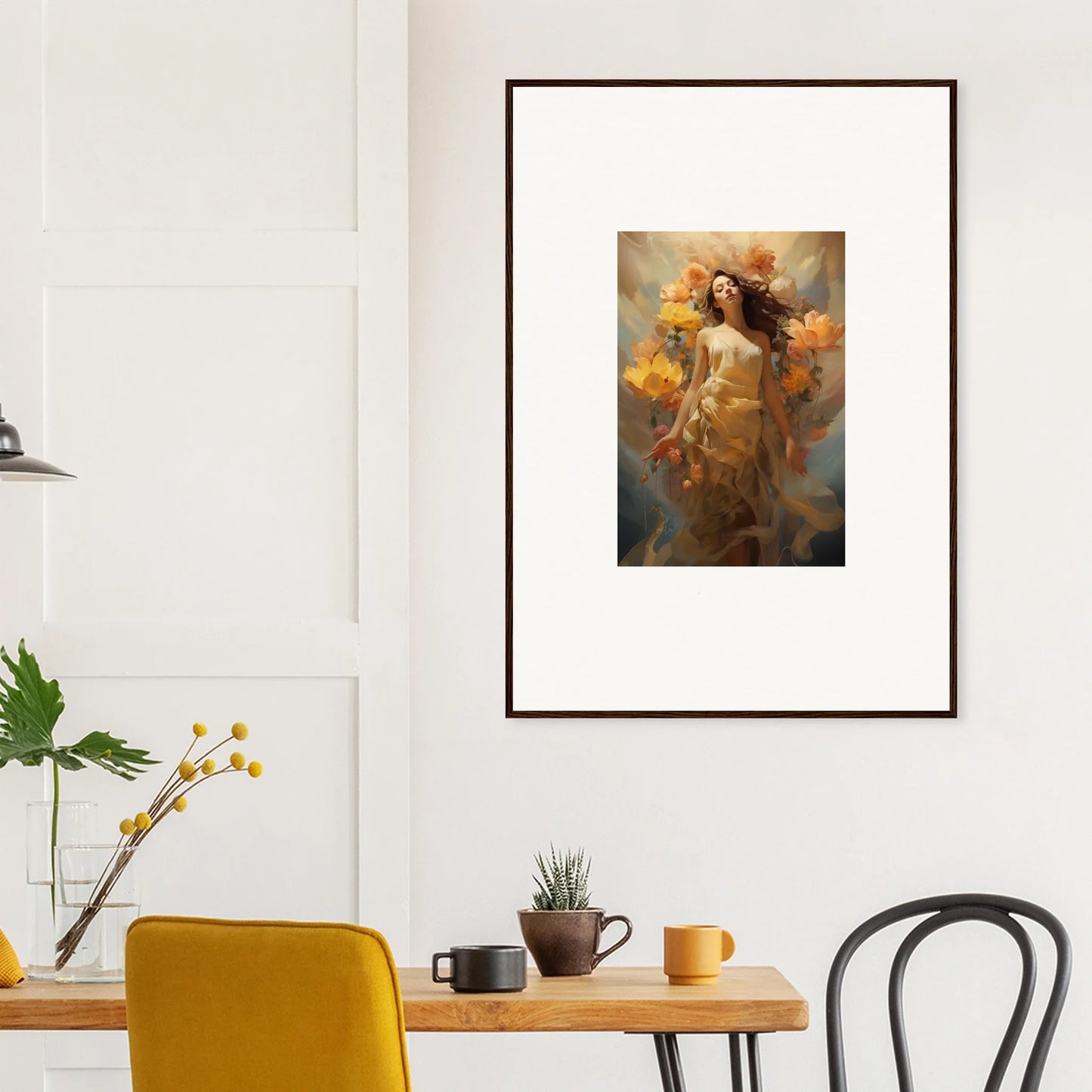 Framed canvas print of a woman among autumn leaves for a cozy room decoration