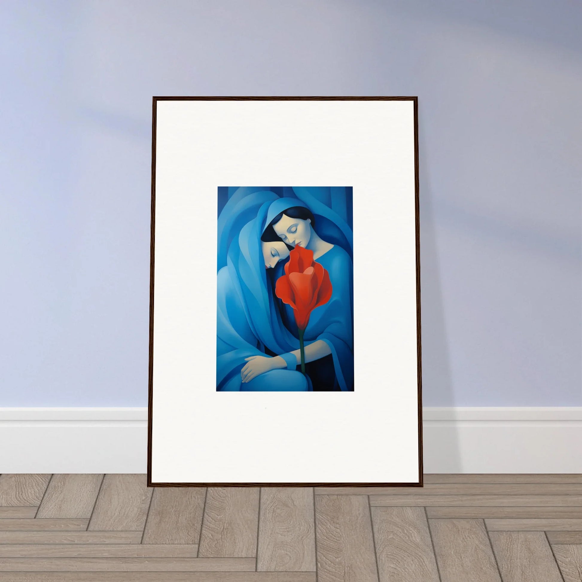 Framed canvas print of a red figure on blue, perfect for your Hues Fuse Twilight room decoration