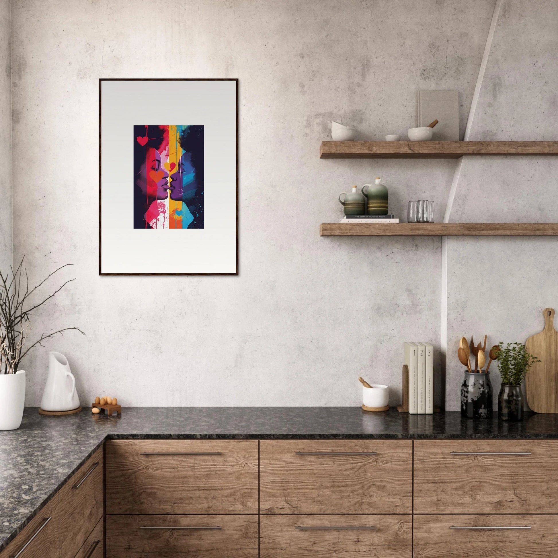 Modern kitchen with wooden cabinets, stone countertop, and Heartwave Reflection canvas print