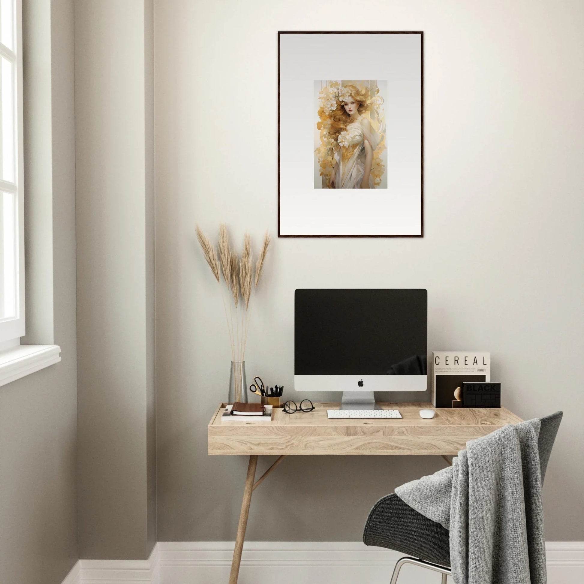 Minimalist home office with wooden desk, computer, and Flora Serenade framed wall art