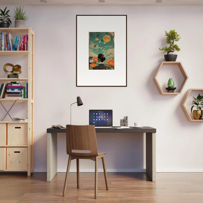 Stylish home office with desk, chair, and wall decor featuring Bloom Reverie canvas print