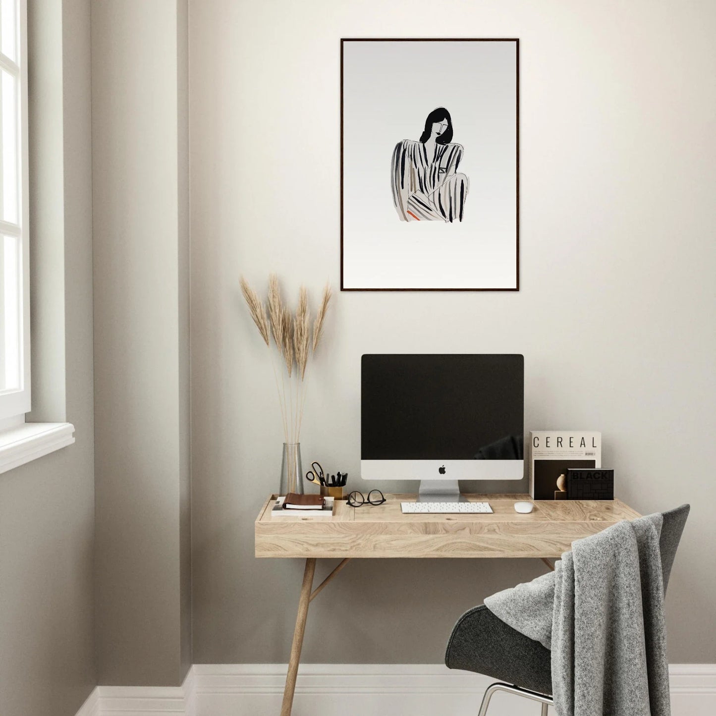 Minimalist home office with wooden desk, computer, and Striped Whispers canvas print