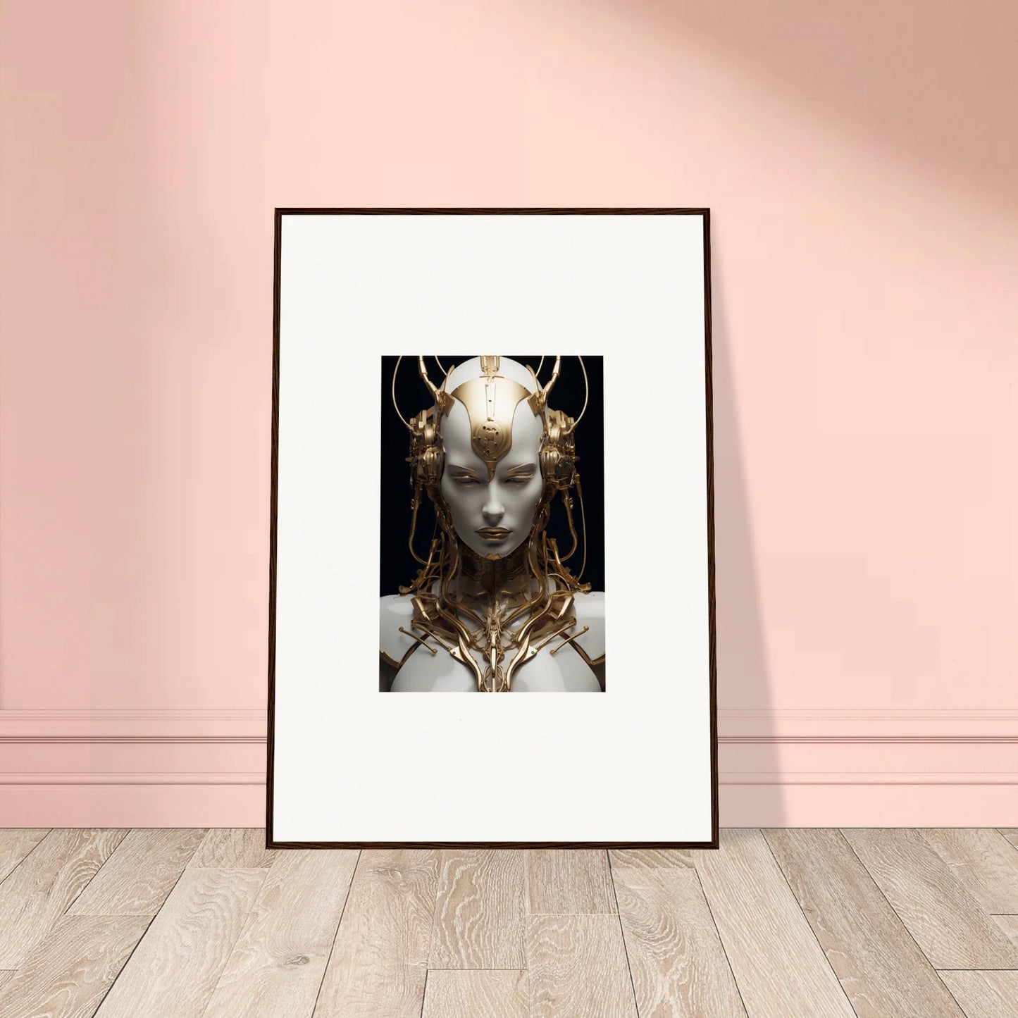 Framed canvas print of a futuristic figure in a golden headdress for room decoration