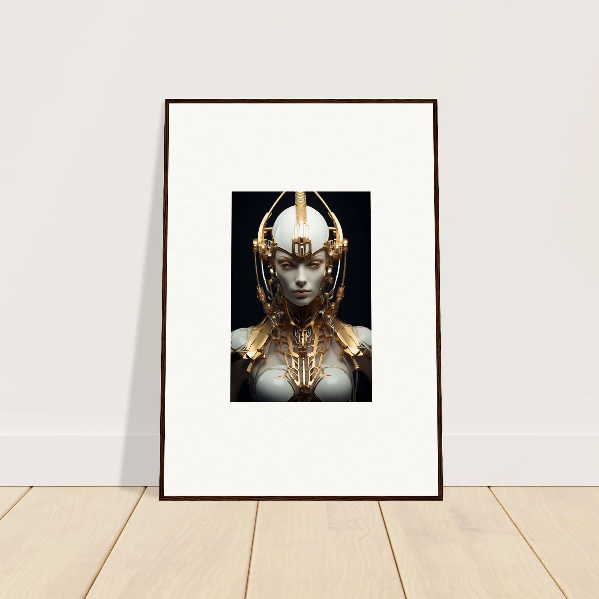 Futuristic humanoid artwork with golden headdress, perfect for room decoration as a canvas print