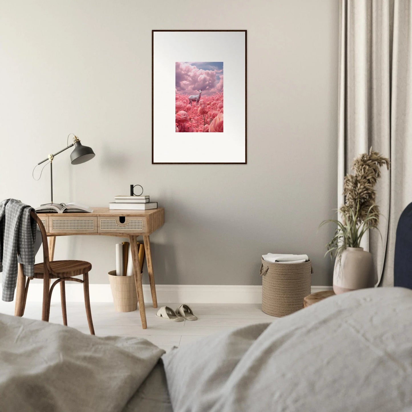 Framed canvas print of a giraffe in a pink landscape for trendy room decoration