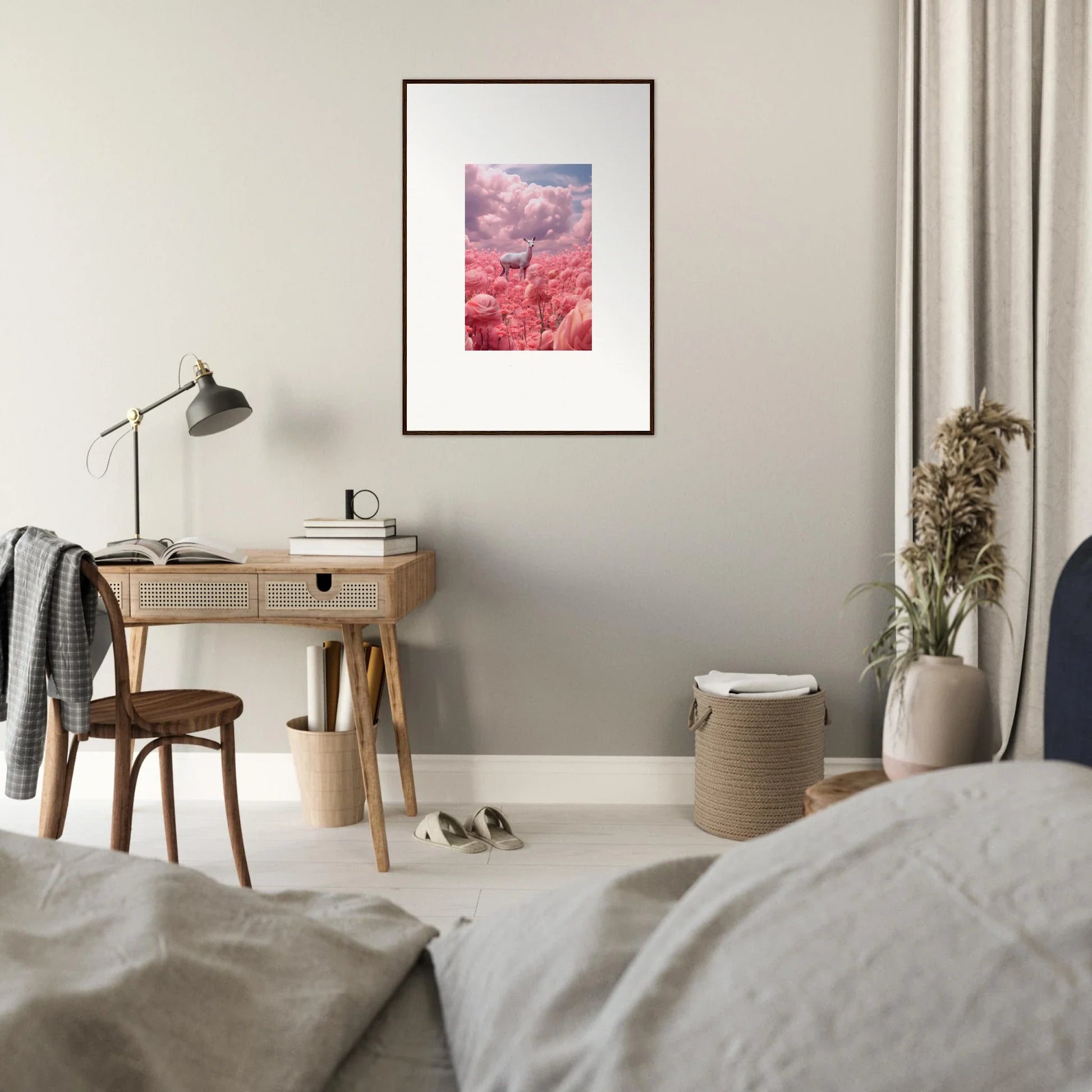 Framed canvas print of a giraffe in a pink landscape for trendy room decoration