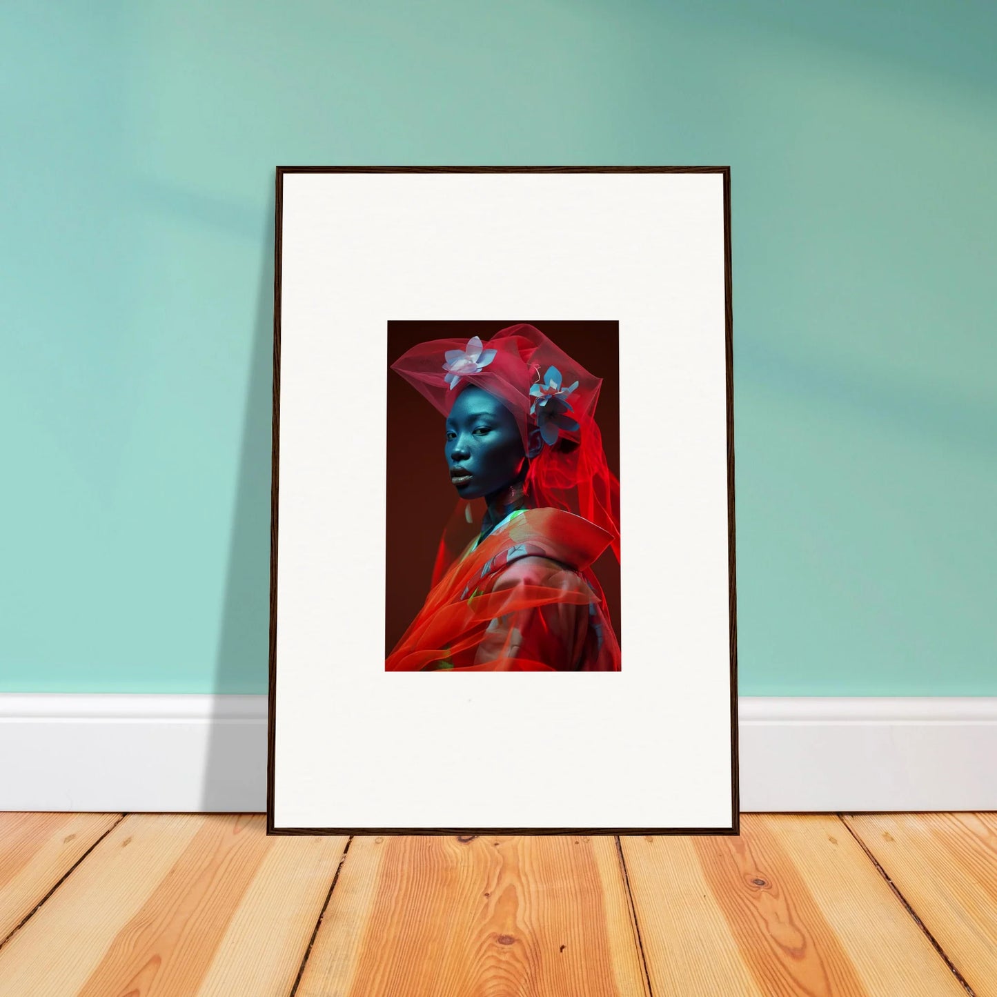 Framed canvas print of a blue-skinned figure in red, perfect for room decoration with velvet botanicals