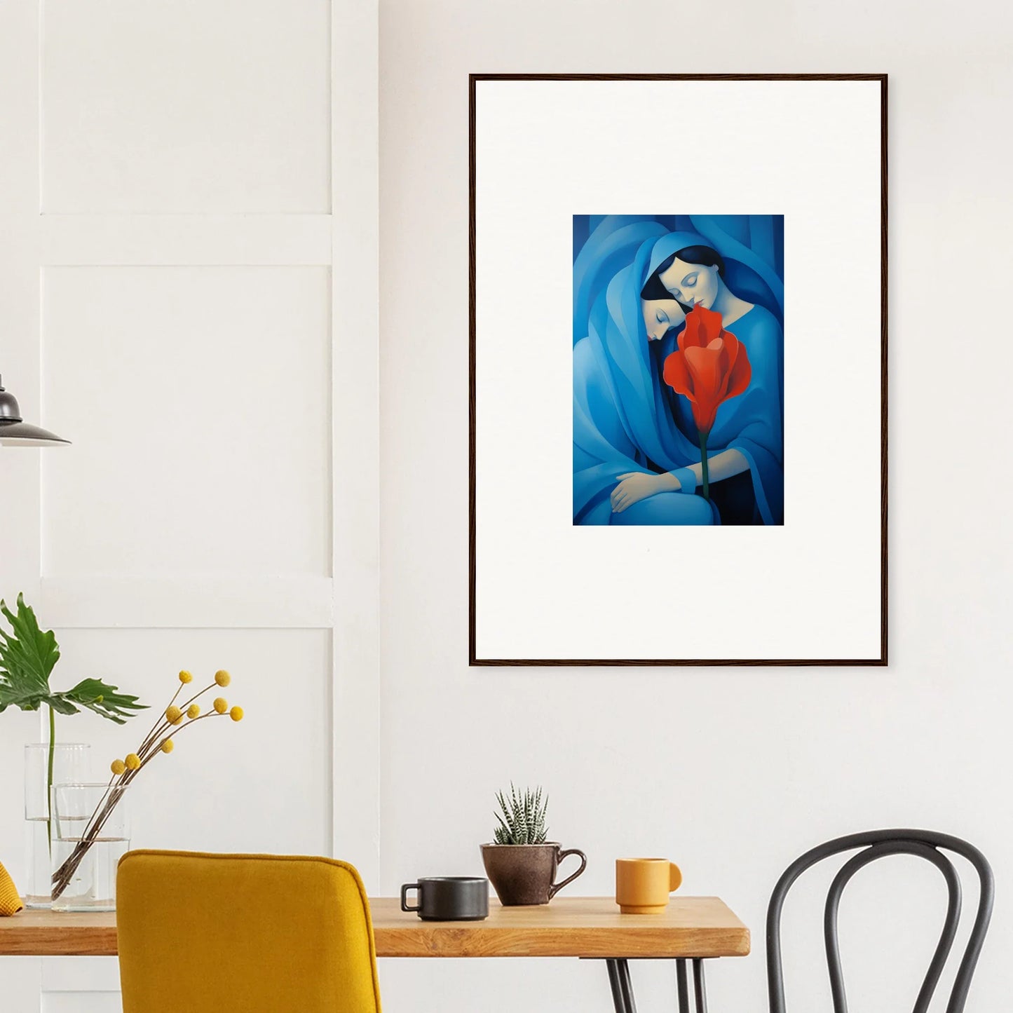 Framed canvas print of a stylized figure in red and blue for stunning room decoration