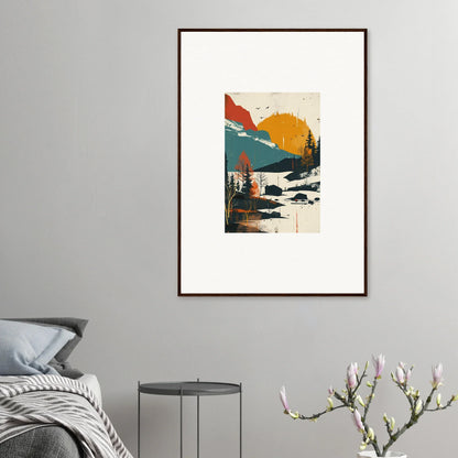 Framed abstract landscape canvas print of Trembling Skylines with mountains and a cabin