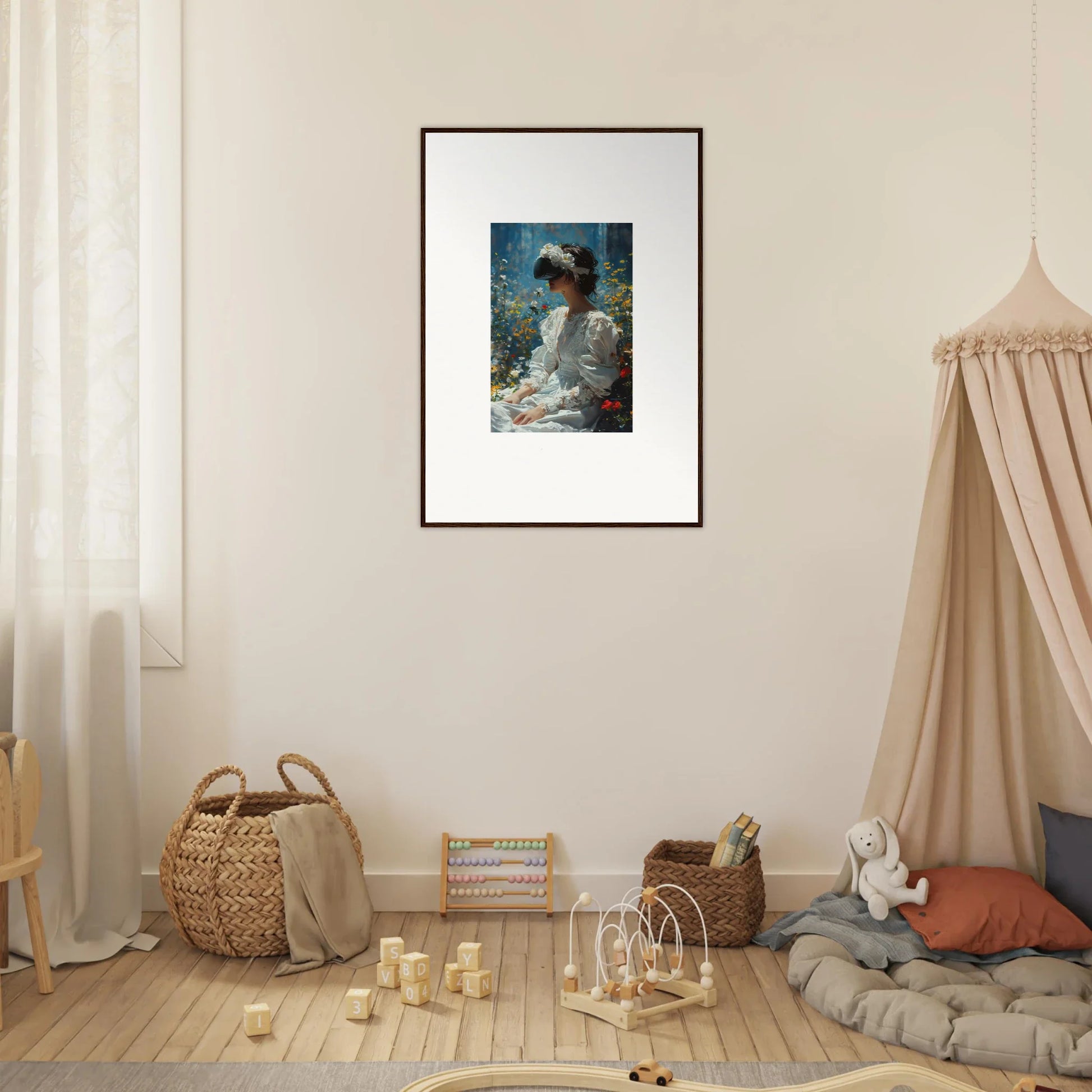 Framed canvas print of a person in white by a window for bloom reverie room decoration