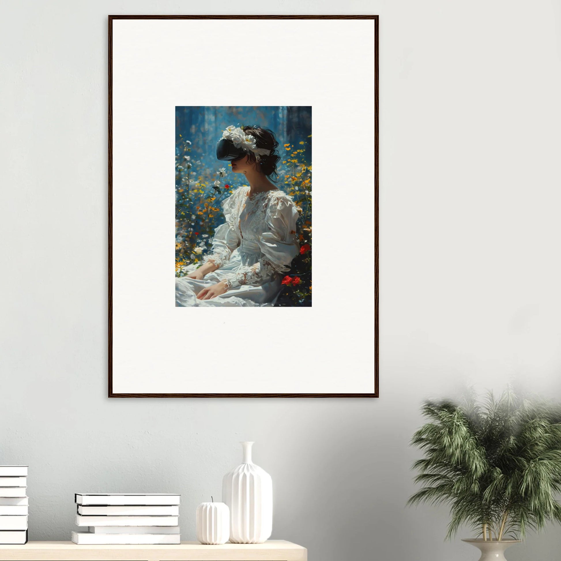 Framed canvas print of a woman in a white dress surrounded by flowers for bloom reverie room decoration