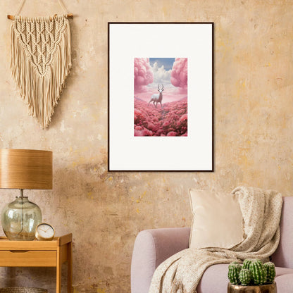 Framed canvas print of a deer in a pink field, perfect for berry collision room decoration