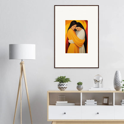 Framed canvas print of Timid Sun Nyah featuring two figures hugging in warm colors