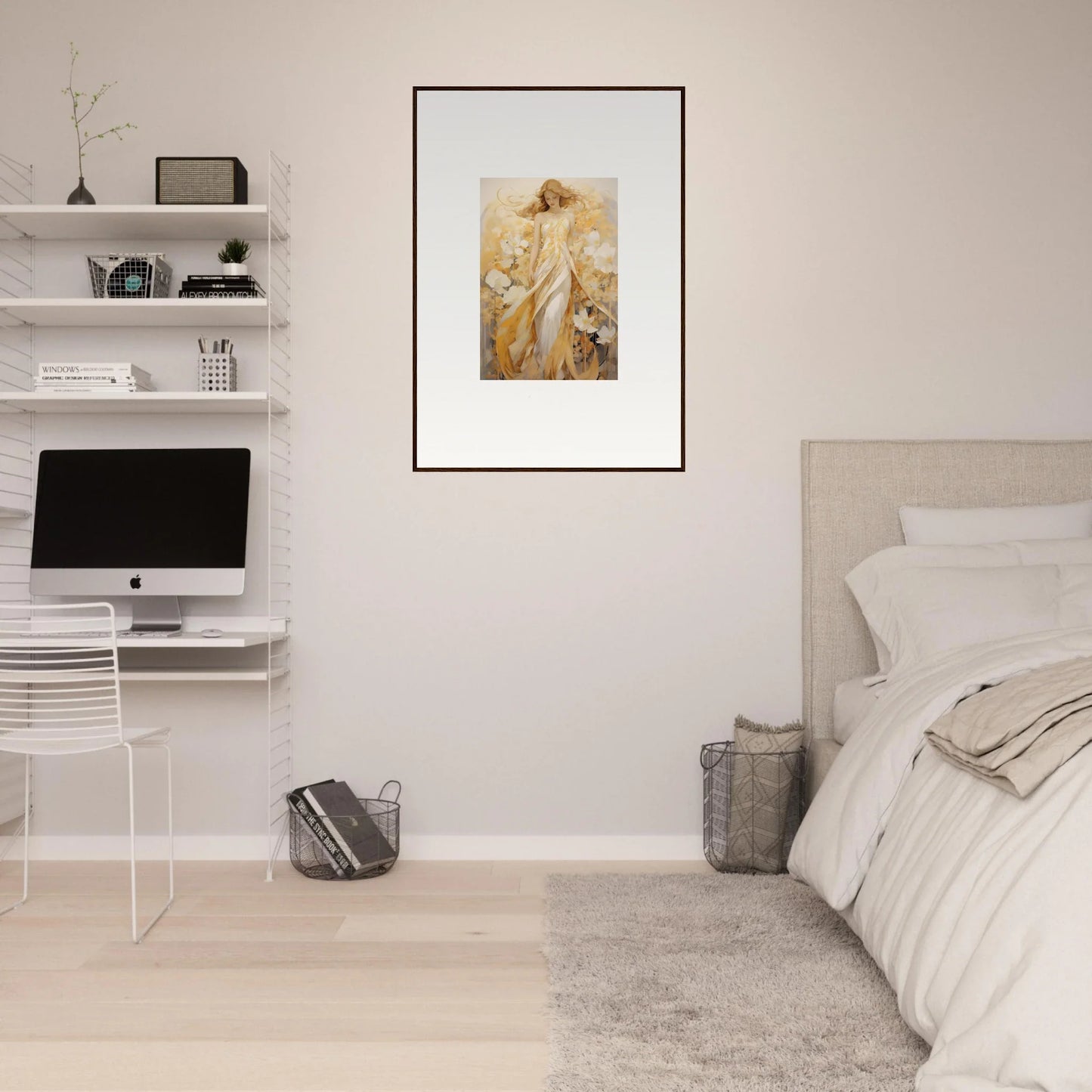 Framed canvas print of a figure in golden robes for stylish room decoration, whispering petals