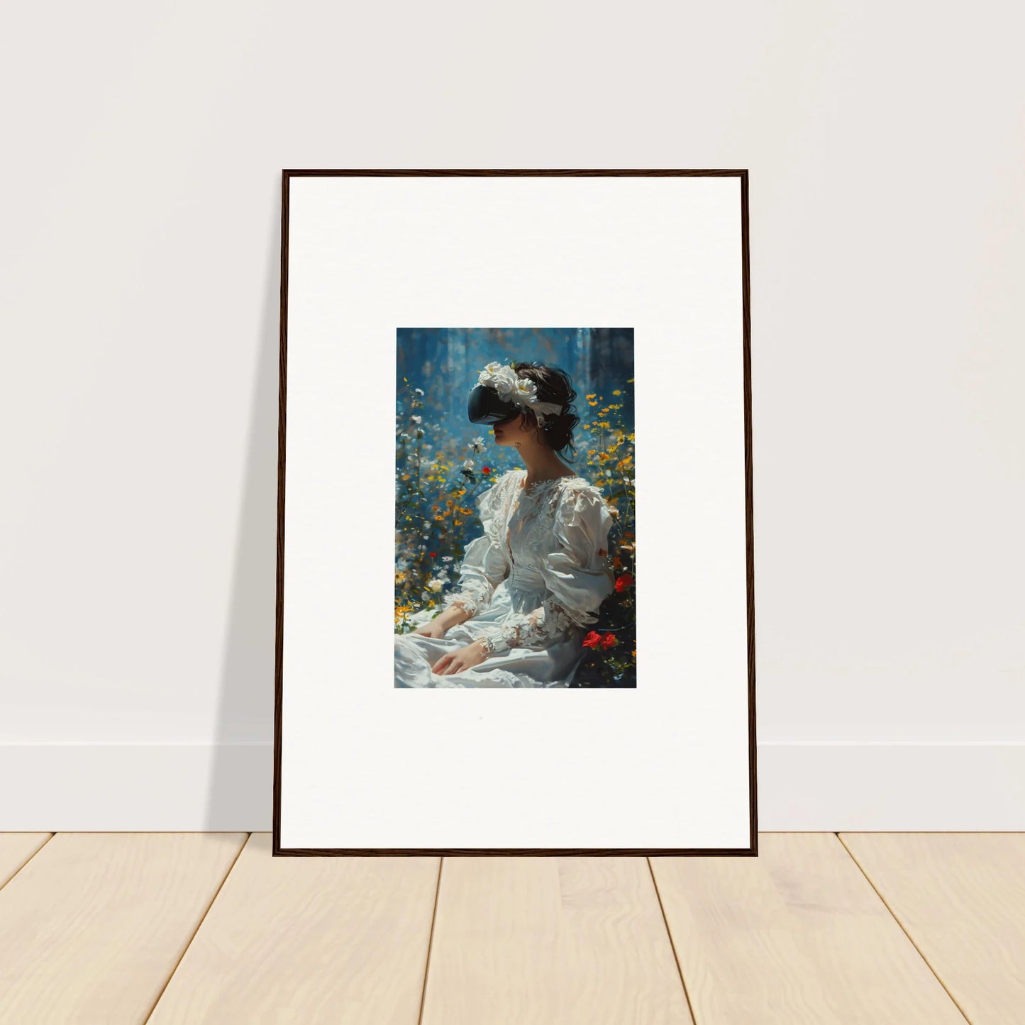 Framed canvas print of a woman in a white dress in bloom reverie for room decoration