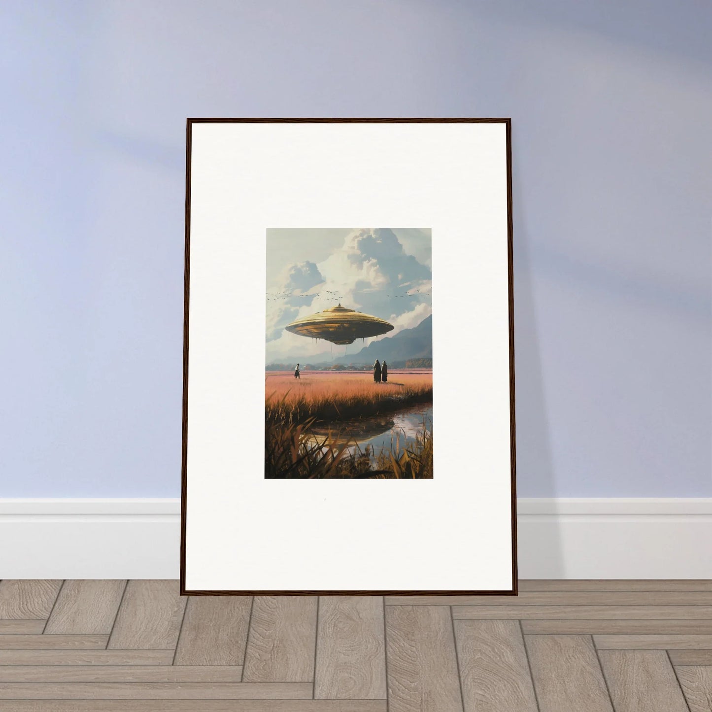 Framed canvas print of a UFO over a landscape, perfect for room decoration and drifting suns vibes