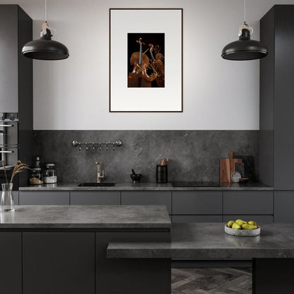 Modern kitchen with dark gray cabinets, featuring a stunning canvas print for room decoration