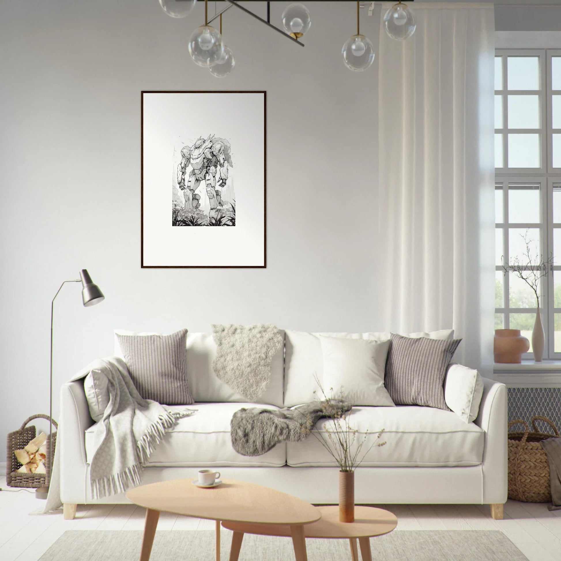 Cozy white sofa with pillows and blankets for stylish room decoration, Steel Sky Alchemy