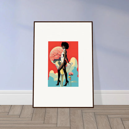 Framed art print of a stylized nude with vibrant mushroom shapes for floral highs room decoration