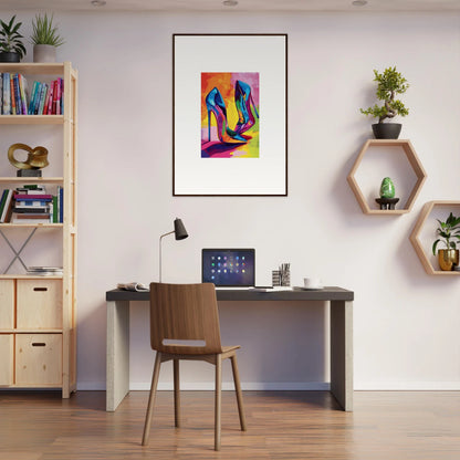 Modern home office with stylish decor and Eclipse Shoes canvas print on the wall