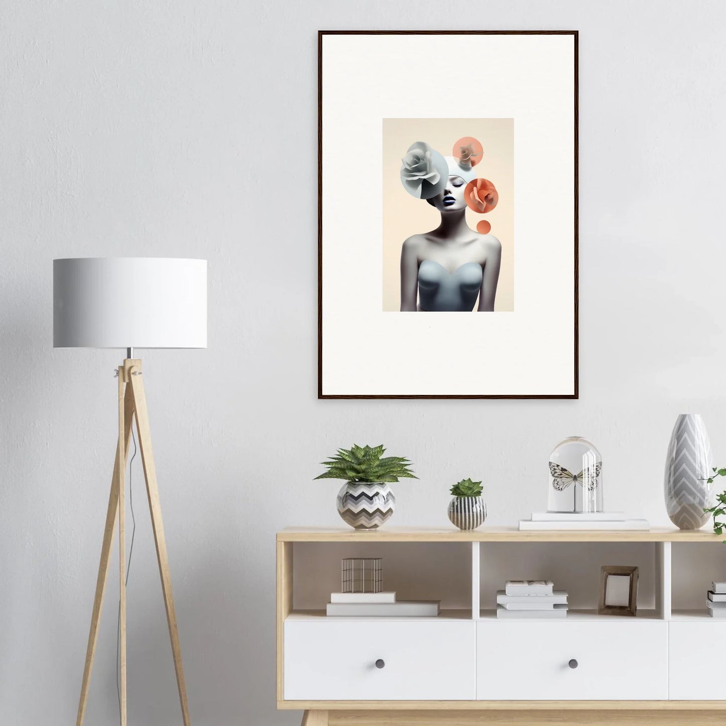 Framed canvas print of surreal art with floral head for unique room decoration