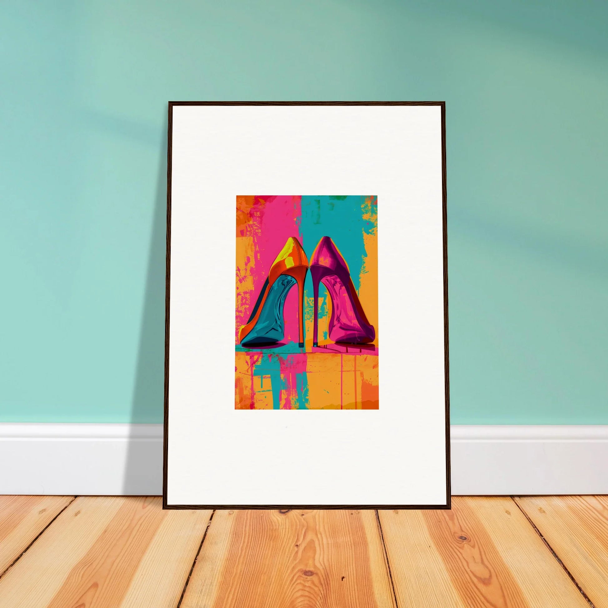 Framed canvas print of colorful pop art high-heeled shoes for trendy room decoration