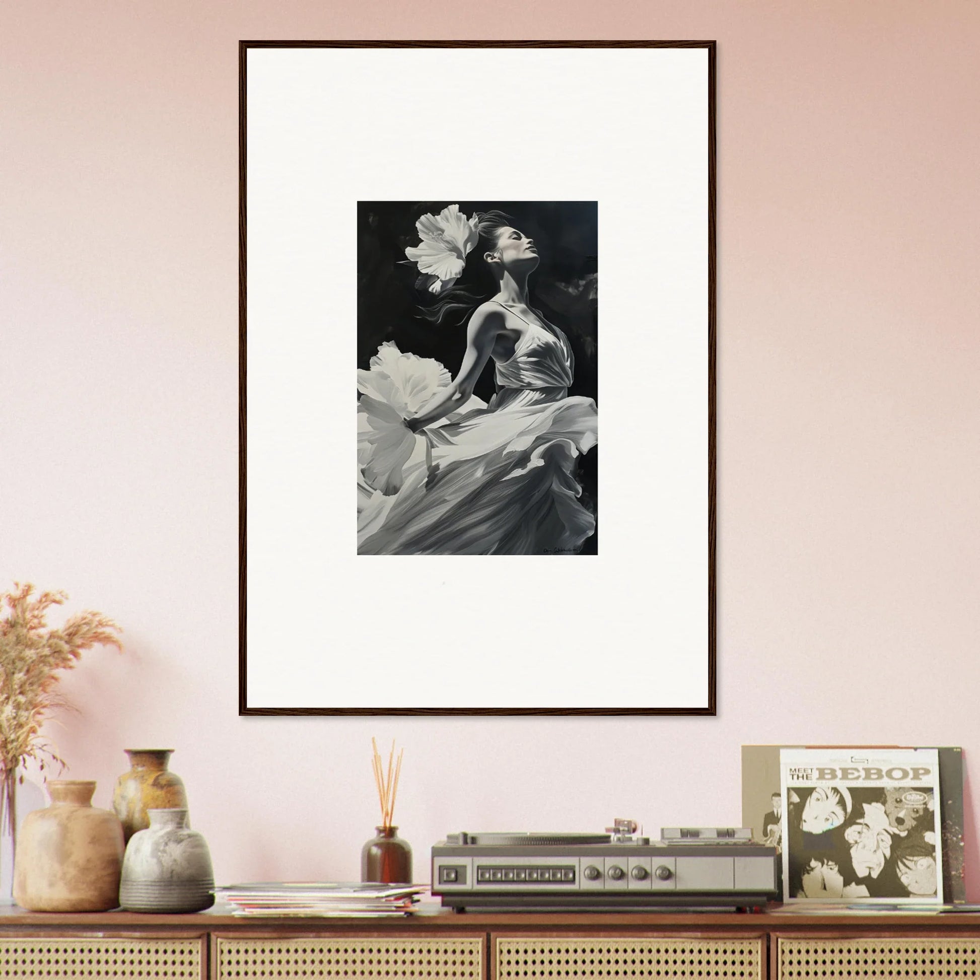 Framed black and white artwork of a woman in a hat, perfect for visionary reverie room decoration