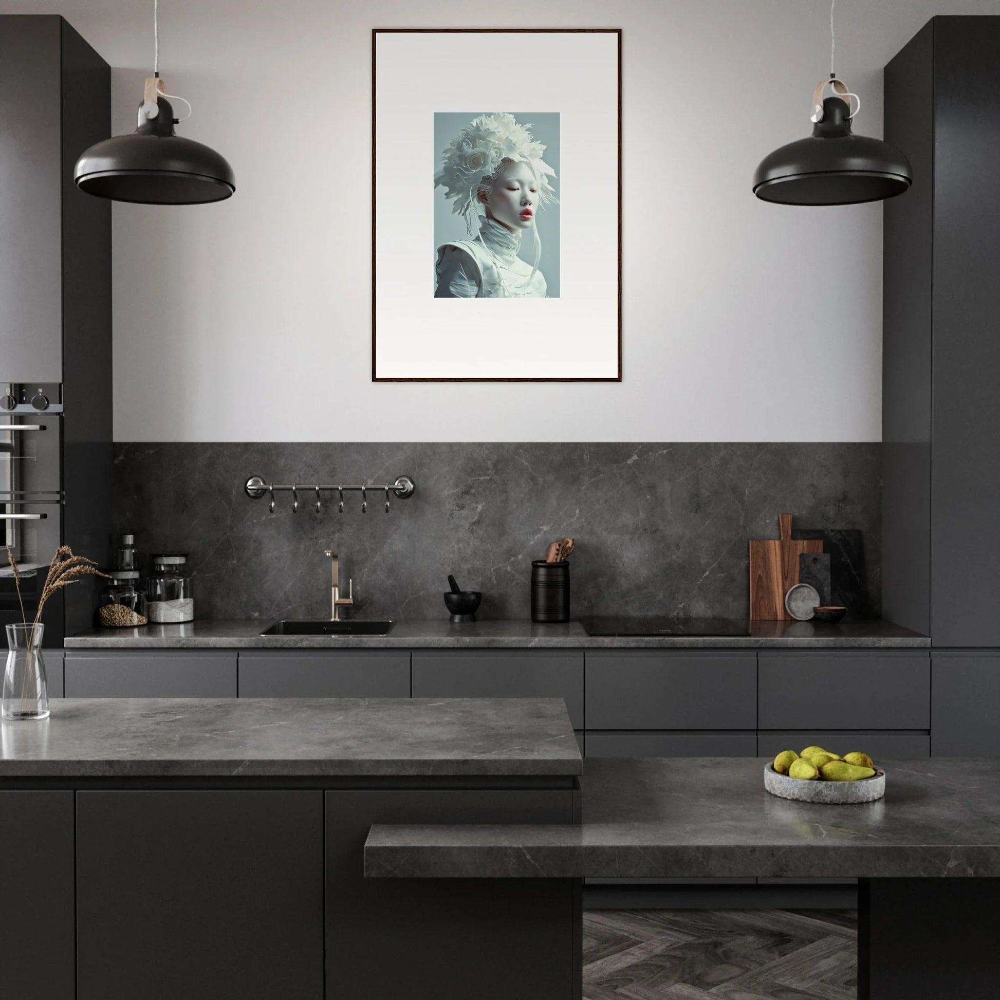 Modern kitchen with dark cabinetry and Ethereal Petal Visions canvas print artwork