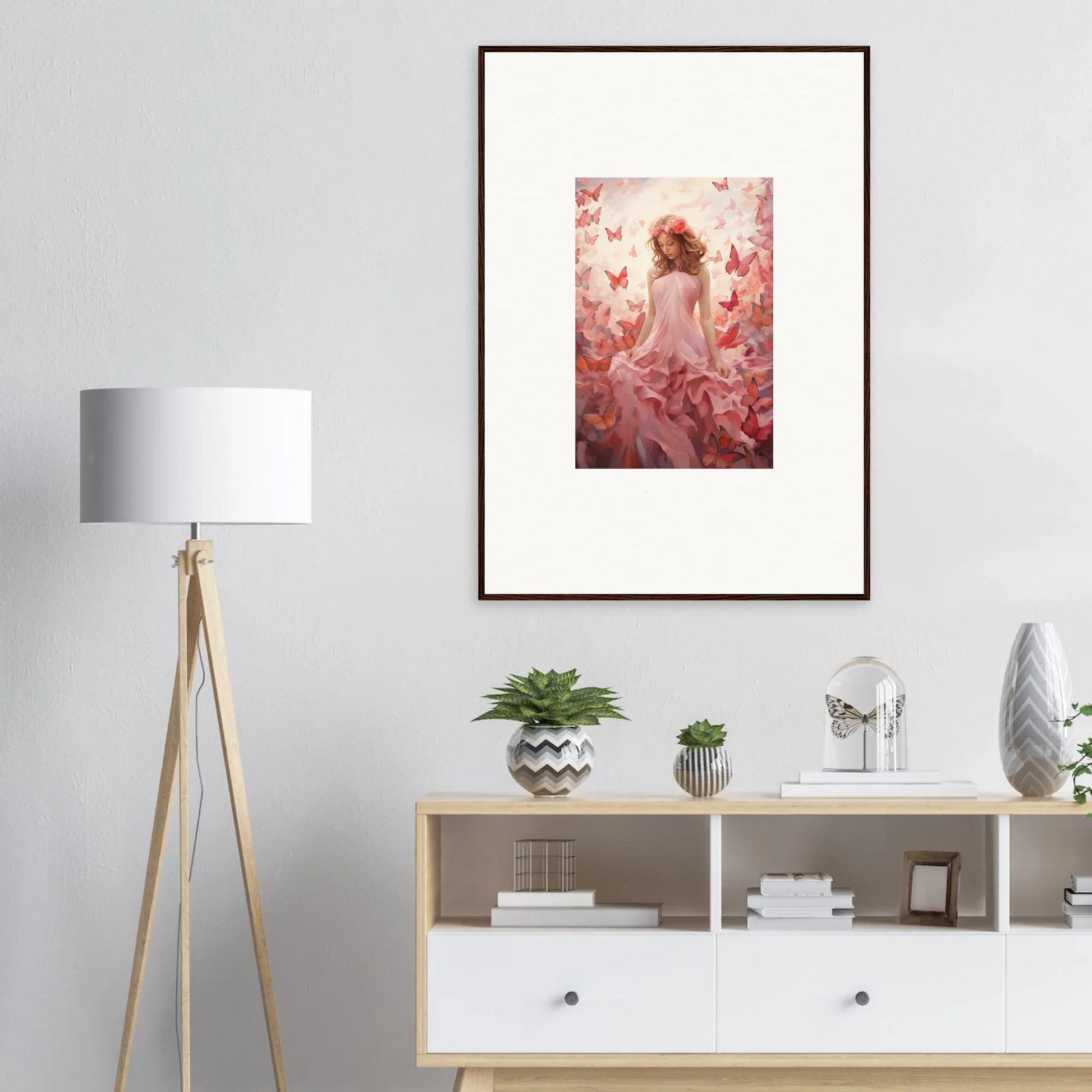 Framed canvas print of a figure with flowers and butterflies, perfect for autumn lattice room decoration