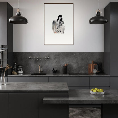 Modern kitchen with dark cabinetry and Striped Whispers Formals canvas print as focal point