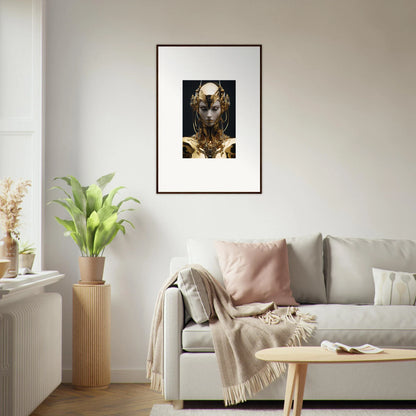 Framed canvas print of a golden figure for chic room decoration, Chirping Inventrix style