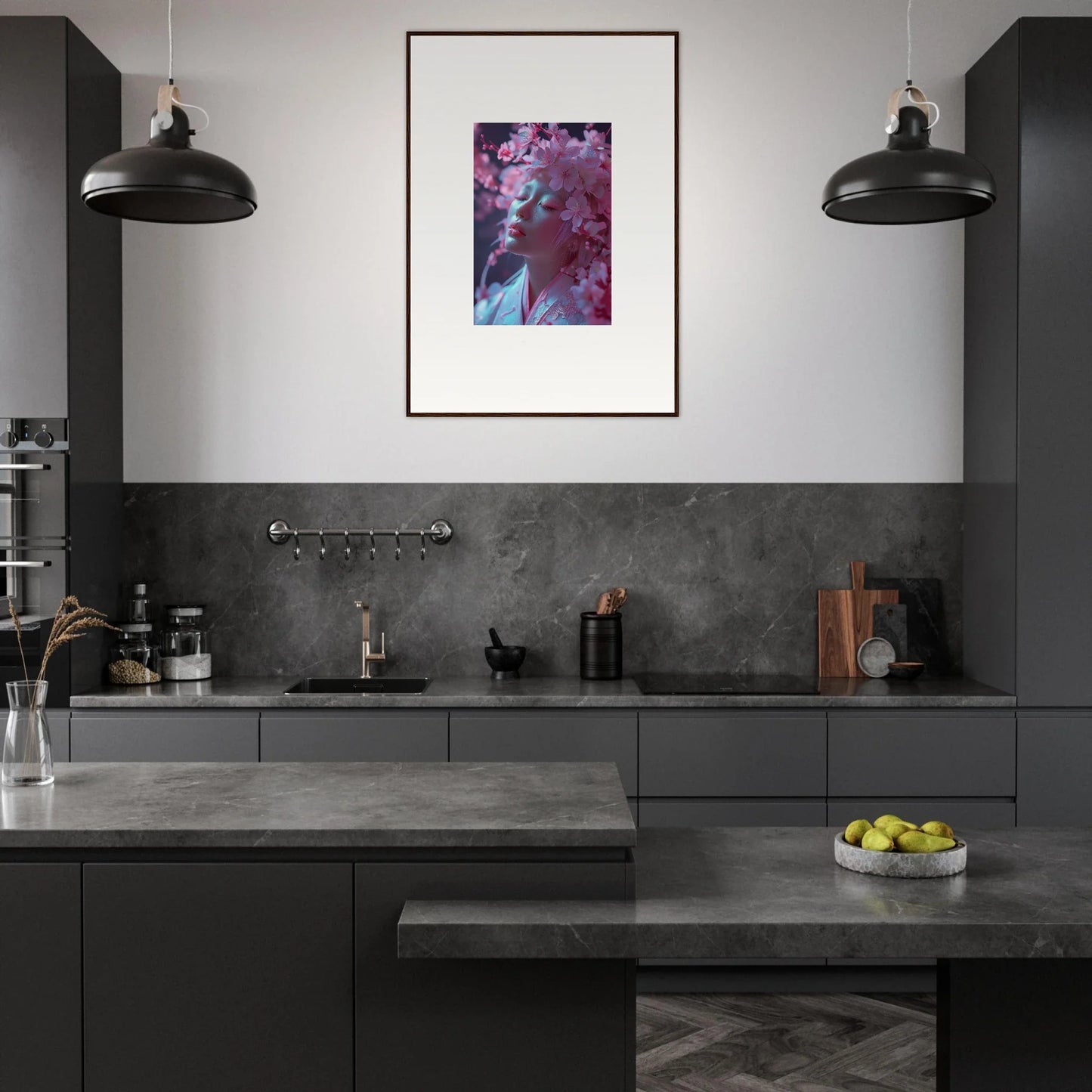 Modern kitchen with dark cabinets, concrete counters, and a colorful Sakura Dreams canvas print