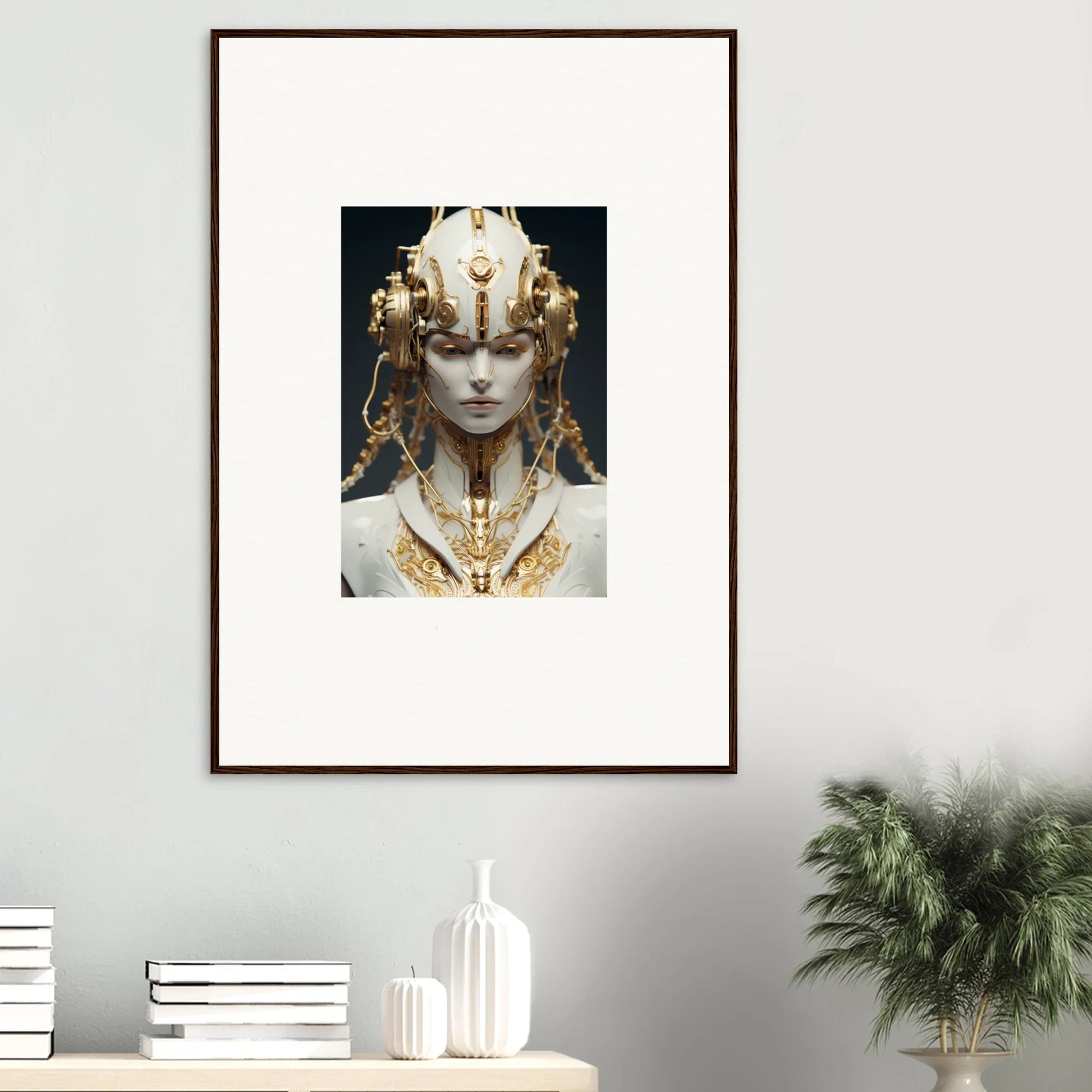 Ornate golden headdress and face canvas print for stunning room decoration in Flux Radiance