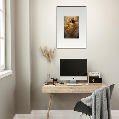 Framed canvas print of golden-toned figure, perfect for your Blossom Odyssey room decoration