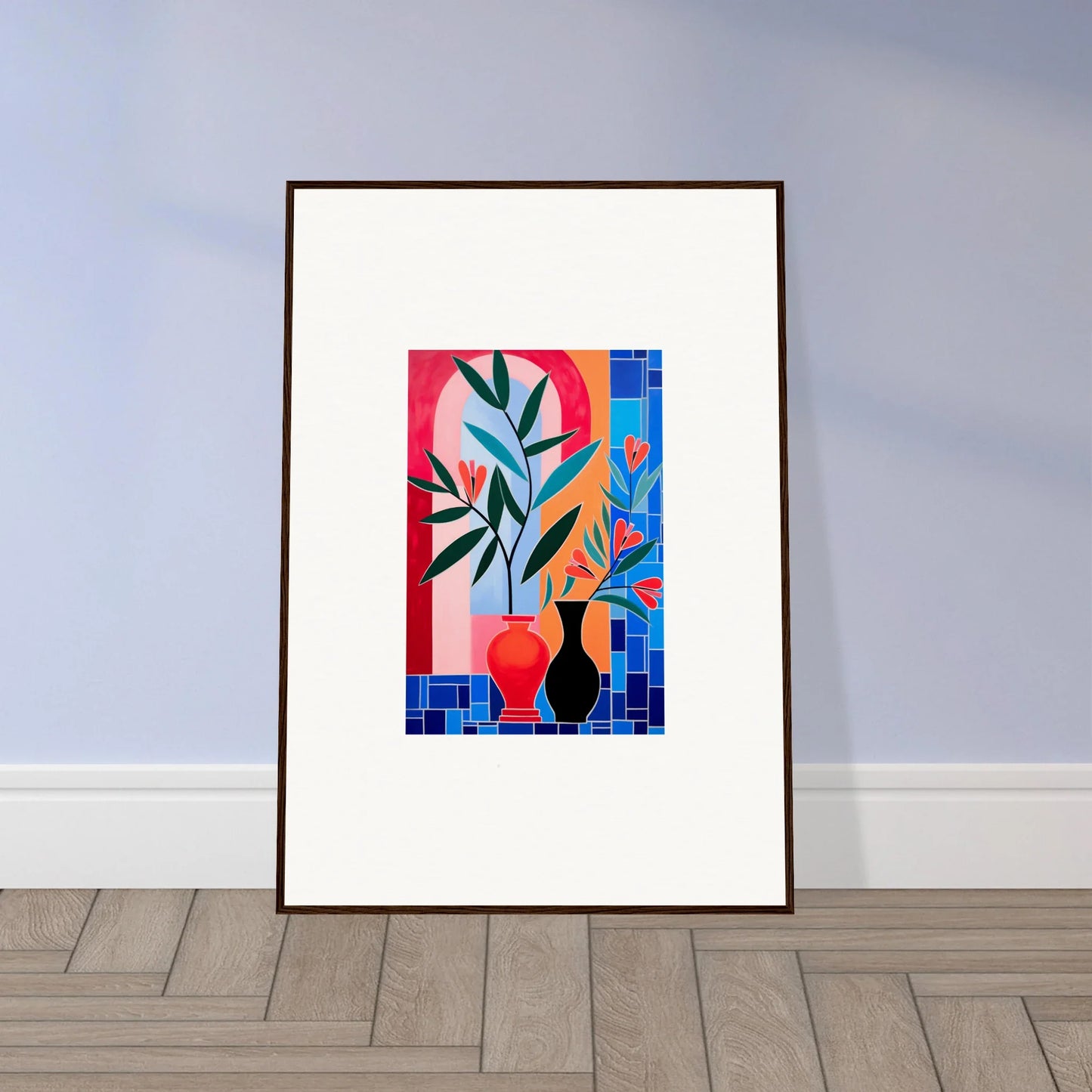 Framed wall art featuring colorful ceramic blooms and abstract plants in room decor