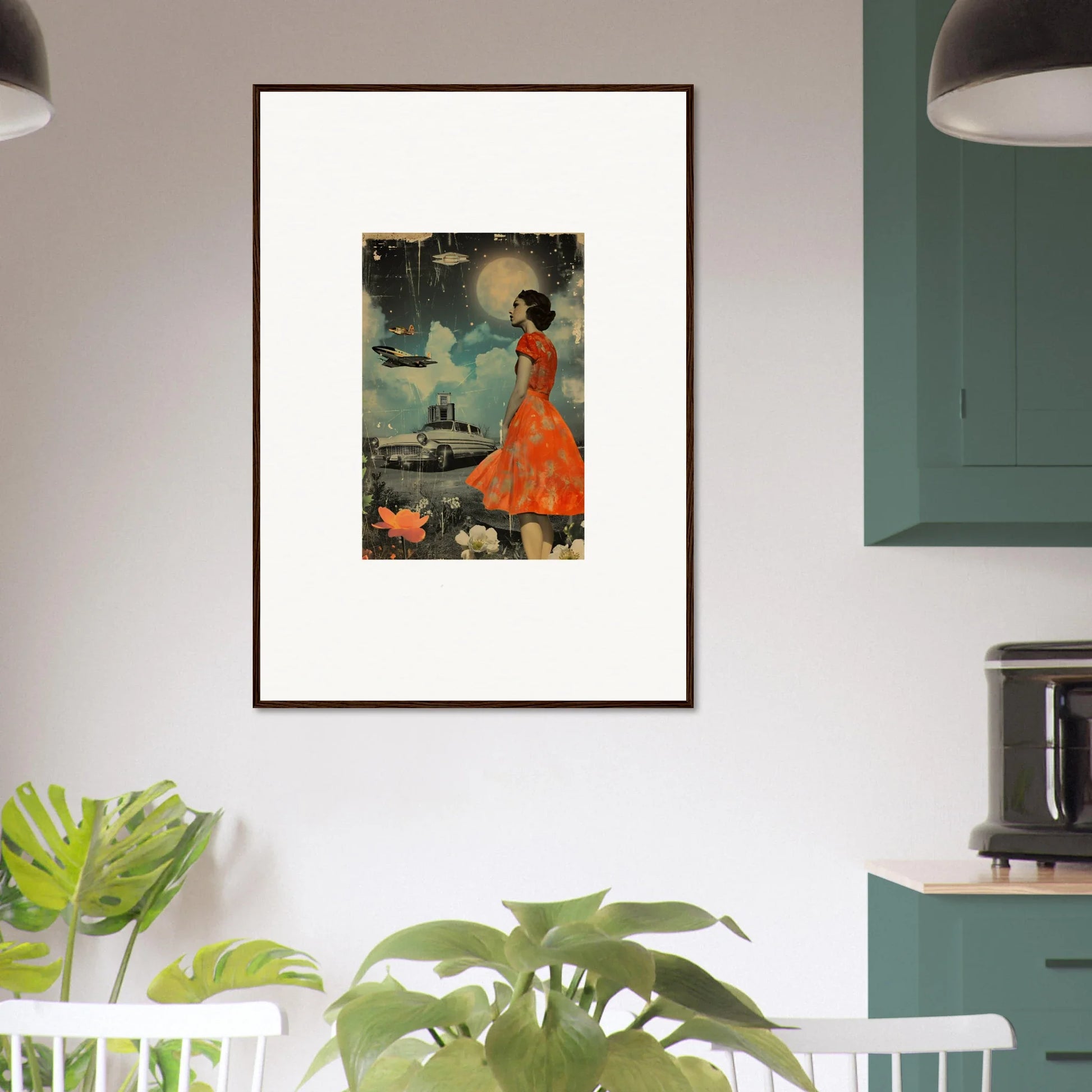 Framed canvas print of retro bloom figure in orange dress for stylish room decoration