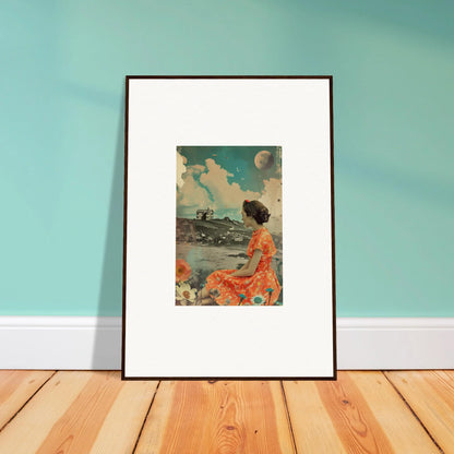 Framed vintage canvas print of a woman in a colorful dress for room decoration