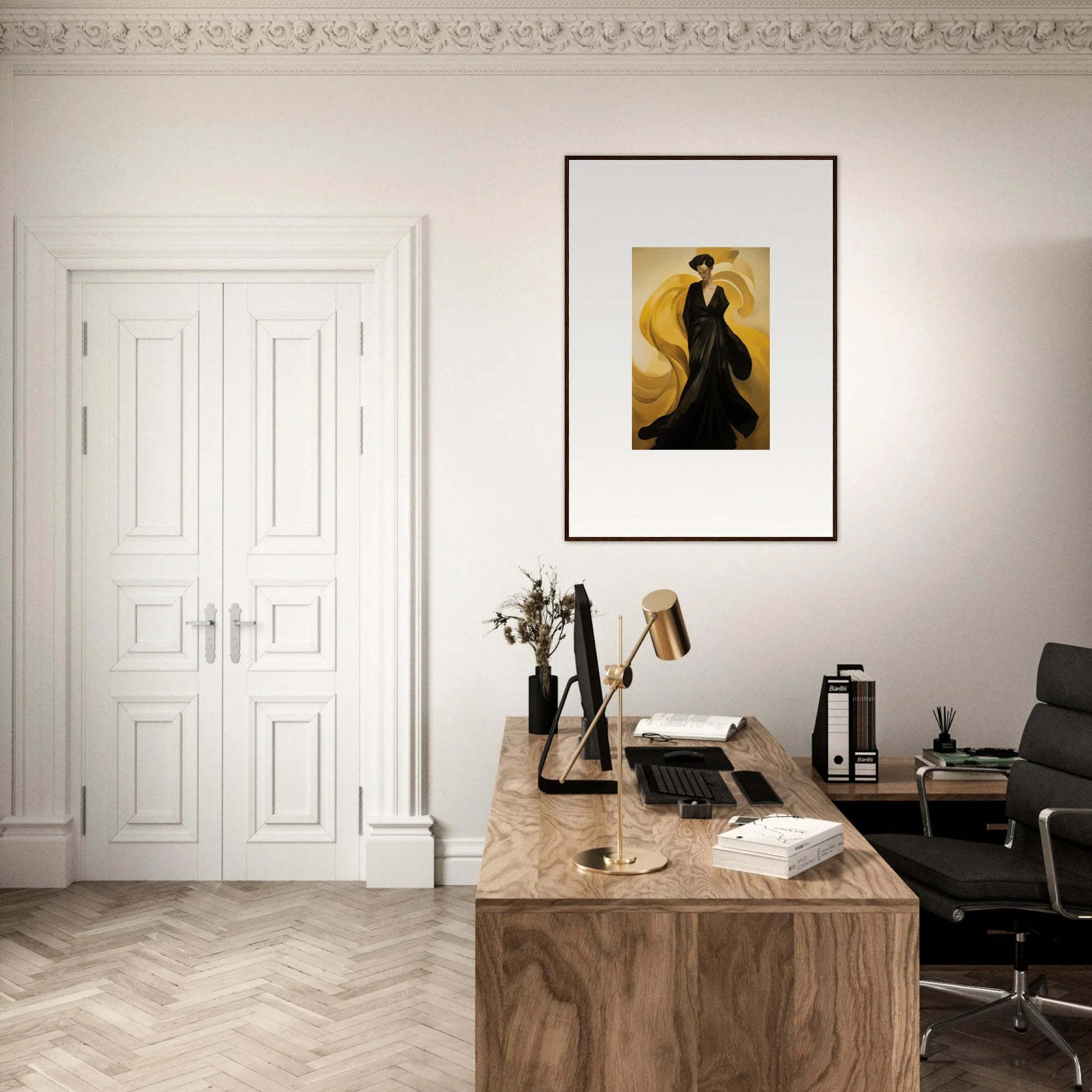 Elegant home office with wooden desk, sun waves canvas print, and stylish room decoration