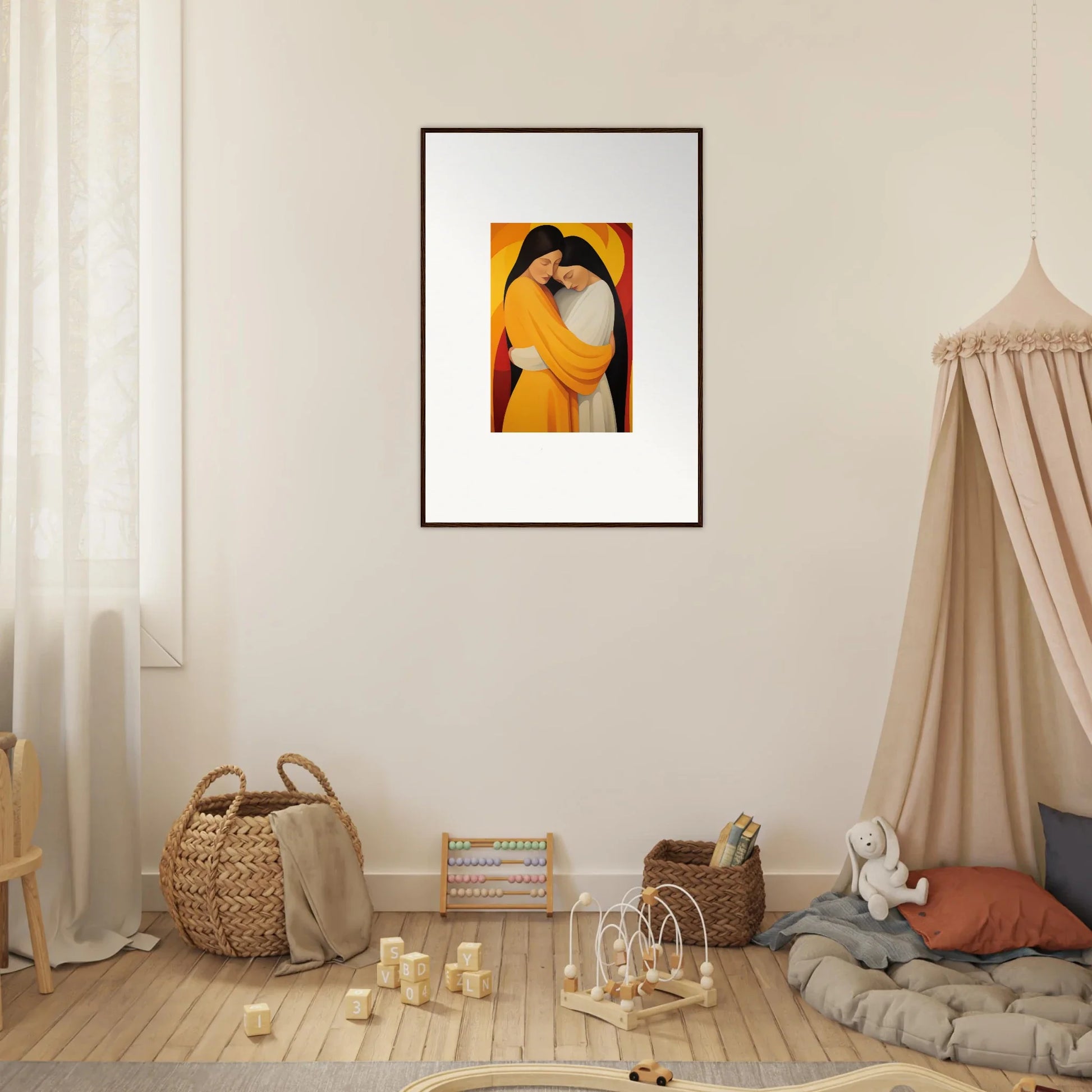 Framed abstract portrait painting in yellow and orange for Sun Nyah room decoration