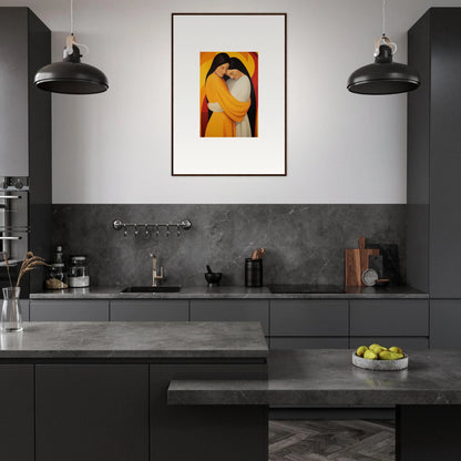 Modern kitchen with dark cabinets, concrete counters, and Sun Nyah canvas print