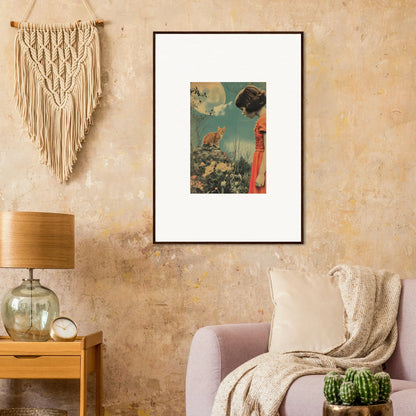 Framed Moonlit Flora Reverie canvas print with vibrant flowers and a red figure for room decoration