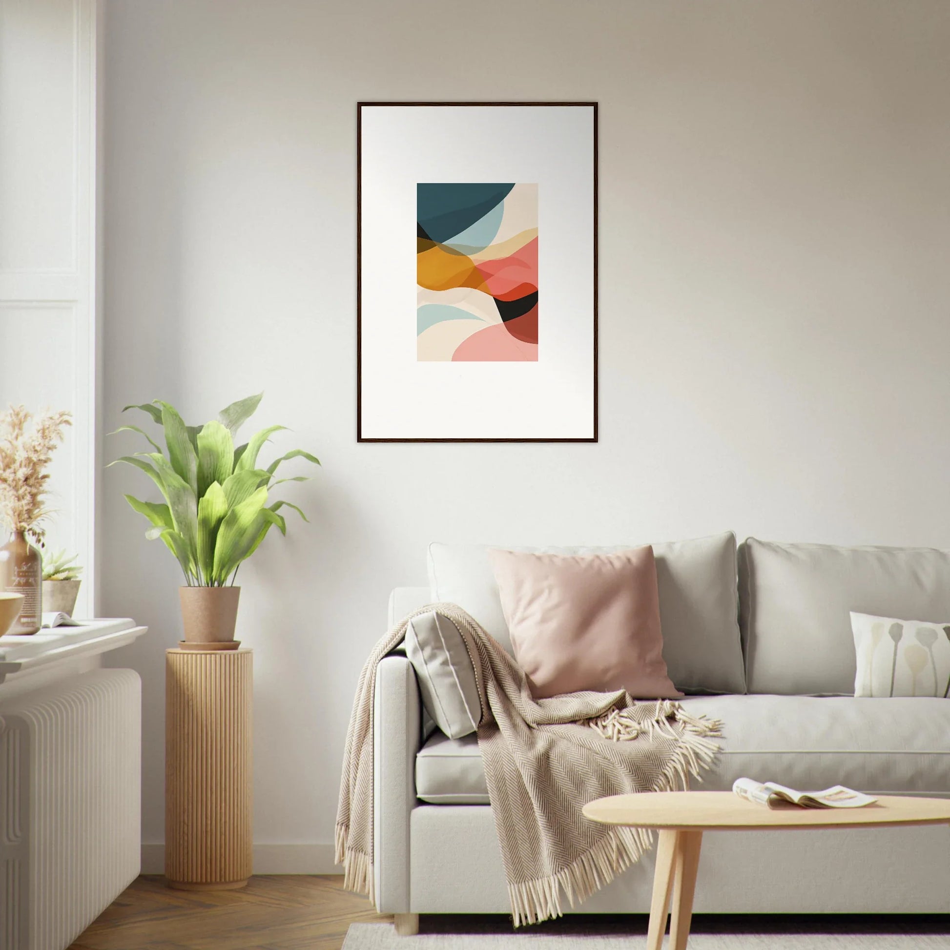 Abstract canvas print of curved shapes in muted colors for stylish room decoration