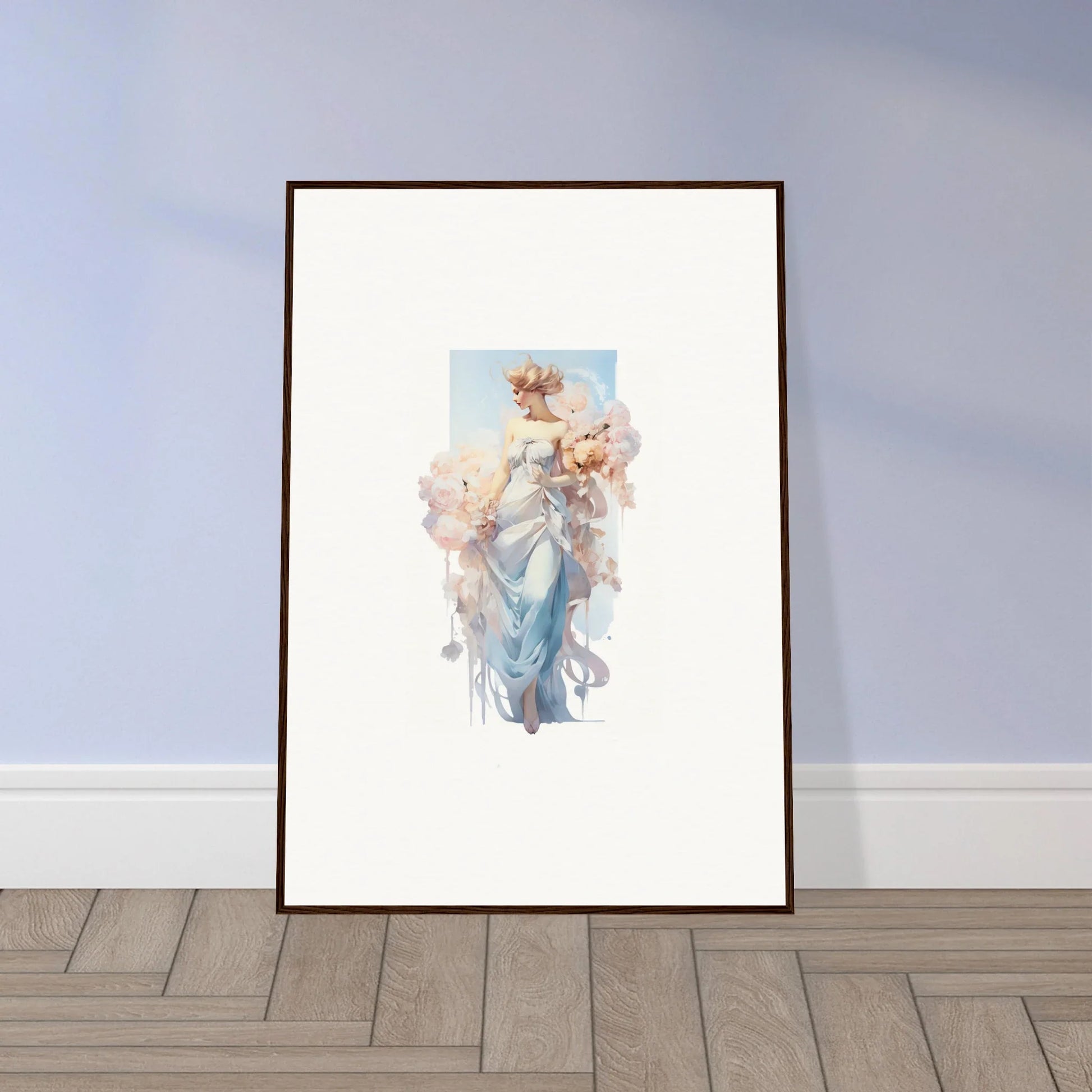 Ethereal Bouquet Waltz canvas print featuring a feminine figure in flowy blue surrounded by flowers