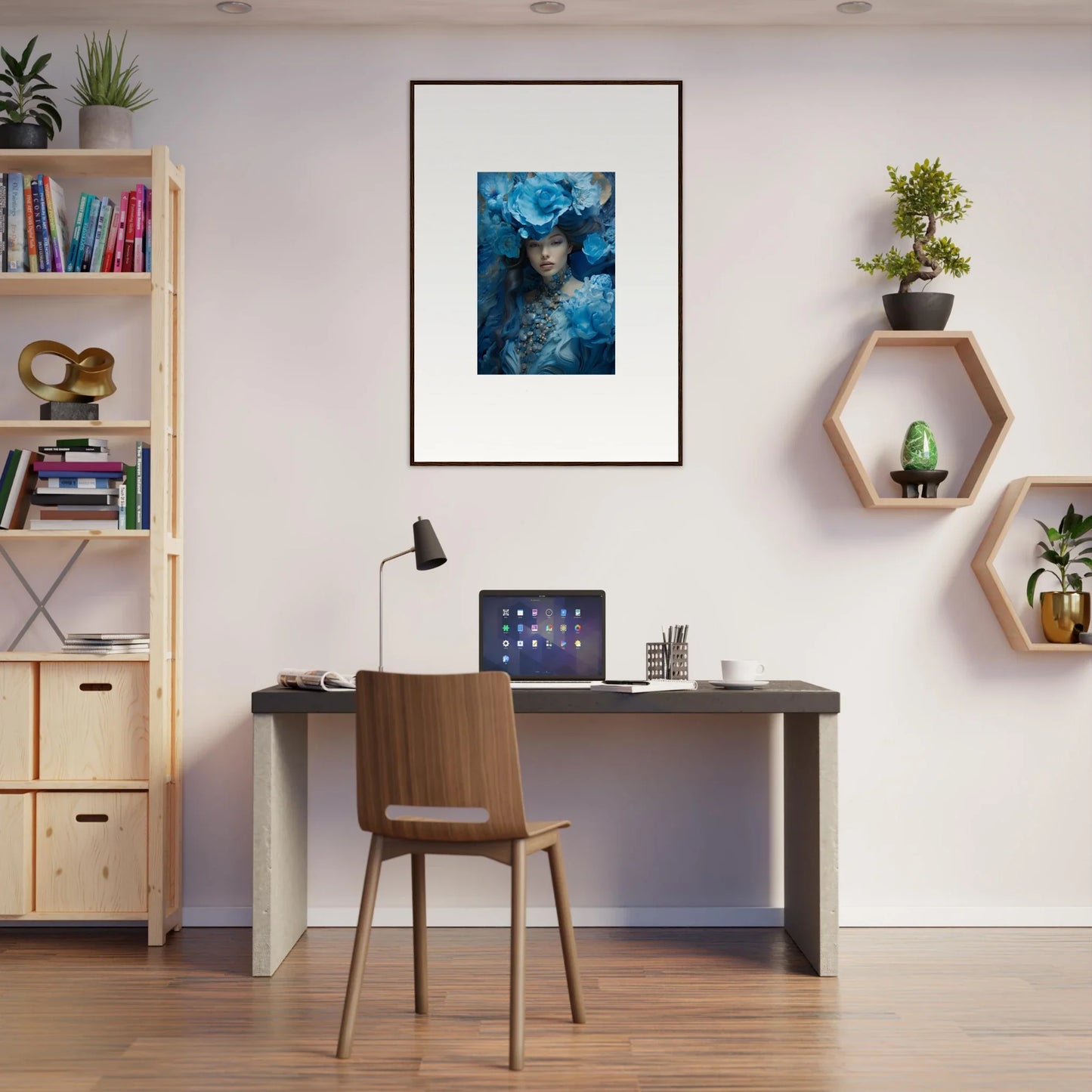 Stylish home office with blue symphony canvas print and trendy decor elements