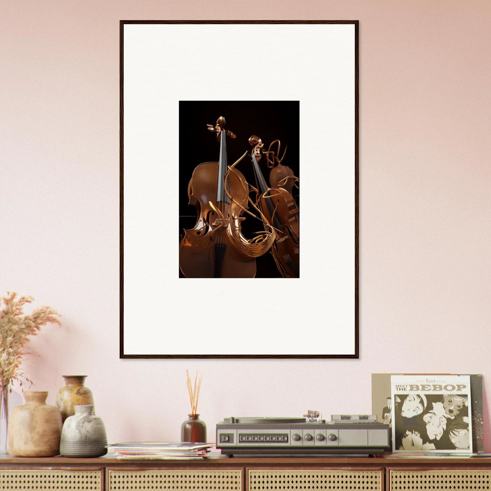 Framed canvas print of cello and French horn, perfect for Strings Opera room decoration