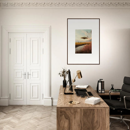 Wooden desk with typewriter and books in a minimalist workspace with Meadow Raindancers décor