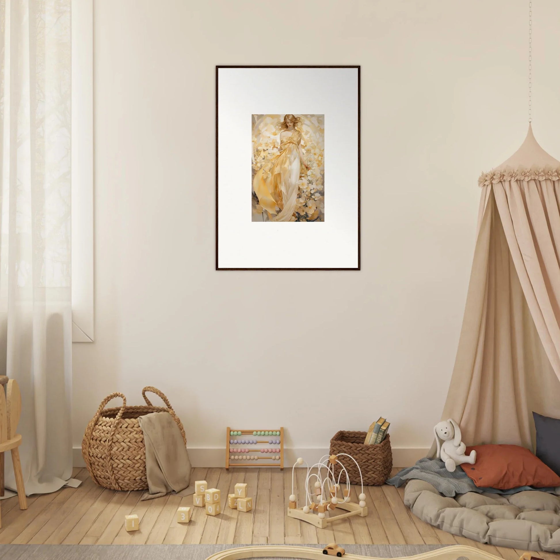 Framed canvas print of a classical female figure in golden tones for ethereal tango room decoration