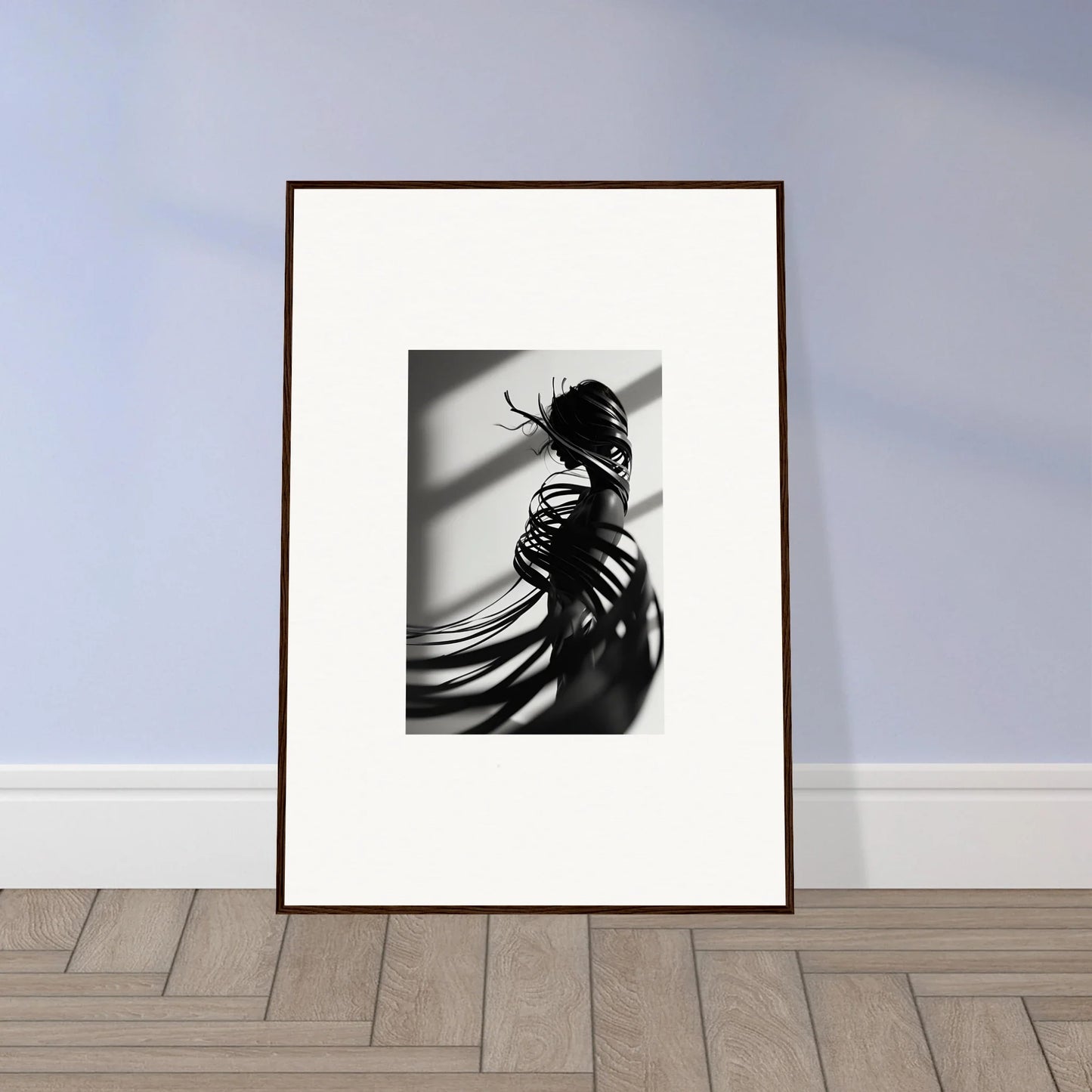 Framed black and white canvas print of a silhouetted figure for unique room decoration